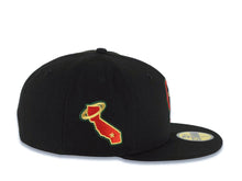 Load image into Gallery viewer, Los Angeles Anaheim Angels New Era MLB 59FIFTY 5950 Fitted Cap Hat Black Crown/Visor Red/Dark Green CA Logo California State With Halo Patch Gray UV