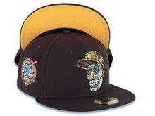 Load image into Gallery viewer, San Diego Padres New Era MLB 59FIFTY 5950 Fitted Cap Hat Dark Brown Crown/Visor Team Color Skeleton Skull Logo 40th Anniversary Side Patch Yellow UV