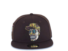 Load image into Gallery viewer, San Diego Padres New Era MLB 59FIFTY 5950 Fitted Cap Hat Dark Brown Crown/Visor Team Color Skeleton Skull Logo 40th Anniversary Side Patch Yellow UV