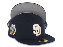 Load image into Gallery viewer, San Diego Padres New Era MLB 59FIFTY 5950 Fitted Cap Hat Navy Crown/Visor Cream Logo 20th Years Petcopark Side Patch