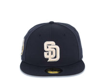 Load image into Gallery viewer, San Diego Padres New Era MLB 59FIFTY 5950 Fitted Cap Hat Navy Crown/Visor Cream Logo 20th Years Petcopark Side Patch