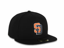 Load image into Gallery viewer, San Diego Padres New Era MLB 59FIFTY 5950 Fitted Cap Hat Black Crown/Visor Orange/Navy Blue/White Logo Batterman Batty Side Patch