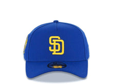 Load image into Gallery viewer, San Diego Padres New Era MLB 9FORTY 940 Adjustable A-Frame Cap Hat Royal Blue Crown/Visor Yellow Logo 25th Anniversary Side Patch Yellow UV