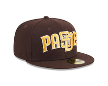 Load image into Gallery viewer, San Diego Padres New Era MLB 59FIFTY 5950 Fitted Cap Hat Brown Crown/Visor Yellow/White Overlap Logo