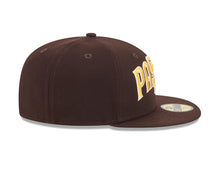 Load image into Gallery viewer, San Diego Padres New Era MLB 59FIFTY 5950 Fitted Cap Hat Brown Crown/Visor Yellow/White Overlap Logo