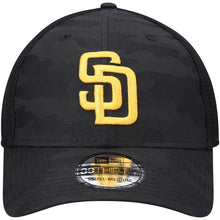 Load image into Gallery viewer, San Diego Padres New Era MLB 39THIRTY 3930 Flexfit Mesh Trucker Cap Hat Black Camo Crown/Visor Yellow Logo