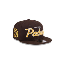 Load image into Gallery viewer, San Diego Padres New Era MLB 9FIFTY 950 Snapback Cap Hat Brown Crown/Visor White/Yellow Text/Script Logo SD Side Patch