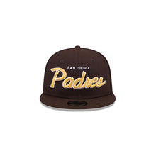 Load image into Gallery viewer, San Diego Padres New Era MLB 9FIFTY 950 Snapback Cap Hat Brown Crown/Visor White/Yellow Text/Script Logo SD Side Patch