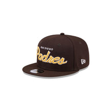 Load image into Gallery viewer, San Diego Padres New Era MLB 9FIFTY 950 Snapback Cap Hat Brown Crown/Visor White/Yellow Text/Script Logo SD Side Patch