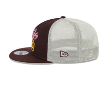 Load image into Gallery viewer, San Diego Padres New Era MLB 9FIFTY 950 Snapback Trucker/Mesh Cap Hat Brown Crown/Visor Pink/Blue/Yellow Script/Text Logo