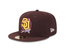 Load image into Gallery viewer, San Diego Padres New Era MLB 59FIFTY 5950 Fitted Cap Hat Brown Crown/Visor Blue/Magenta/Yellow Logo Script