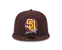 Load image into Gallery viewer, San Diego Padres New Era MLB 59FIFTY 5950 Fitted Cap Hat Brown Crown/Visor Blue/Magenta/Yellow Logo Script