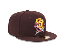 Load image into Gallery viewer, San Diego Padres New Era MLB 59FIFTY 5950 Fitted Cap Hat Brown Crown/Visor Blue/Magenta/Yellow Logo Script