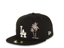 Load image into Gallery viewer, Los Angeles Dodgers New Era MLB 59FIFTY 5950 Fitted Cap Hat Black Crown/Visor White Logo With Pink Palm 50th Anniversary Side Patch Gray UV