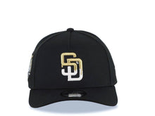 Load image into Gallery viewer, San Diego Padres New Era MLB 9FORTY 940 Adjustable A-Frame Cap Hat Black Crown/Visor White/Metallic Gold Drip Logo 40th Anniversary Side Patch