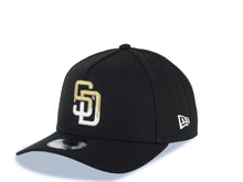 Load image into Gallery viewer, San Diego Padres New Era MLB 9FORTY 940 Adjustable A-Frame Cap Hat Black Crown/Visor White/Metallic Gold Drip Logo 40th Anniversary Side Patch