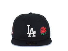 Load image into Gallery viewer, Los Angeles Dodgers New Era MLB 59FIFTY 5950 Fitted Cap Hat Black Crown/Visor White Logo With Rose 2024 World Series Side Patch