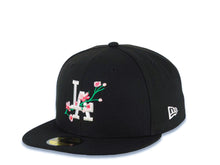 Load image into Gallery viewer, Los Angeles Dodgers New Era MLB 59FIFTY 5950 Fitted Cap Hat Black Crown/Visor White Logo With Flower Bloom Across Japan Flag Side Patch Gray UV