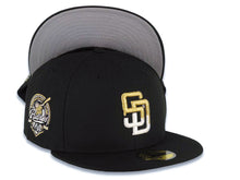 Load image into Gallery viewer, San Diego Padres New Era MLB 59FIFTY 5950 Fitted Cap Hat Black Crown/Visor White/Metallic Gold Drip Logo 40th Anniversary Side Patch Gray UV