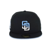 Load image into Gallery viewer, San Diego Padres New Era MLB 59FIFTY 5950 Fitted Cap Hat Black Crown/Visor White/Sky Blue Drip Paint Logo 10th Anniversary Petcopark Side Patch Gray UV