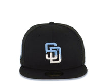 Load image into Gallery viewer, San Diego Padres New Era MLB 59FIFTY 5950 Fitted Cap Hat Black Crown/Visor White/Sky Blue Logo 20th Anniversary Petcopark Side Patch Gray UV