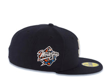 Load image into Gallery viewer, San Diego Padres New Era MLB 59FIFTY 5950 Fitted Cap Hat Navy Blue Crown/Visor Metallic Silver Logo 1998 World Series Side Patch Gray UV