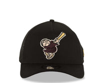Load image into Gallery viewer, San Diego Padres New Era MLB 9FORTY 940 Adjustable A-Frame Trucker Mesh Cap Hat Black Crown/Visor Brown/Yellow Brown/Yellow Swinging Friar Logo