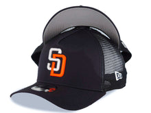 Load image into Gallery viewer, San Diego Padres New Era MLB 9FORTY 940 Adjustable A-Frame Trucker Mesh Cap Hat Black Crown/Visor White/Orange Logo Gray UV