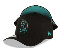 Load image into Gallery viewer, San Diego Padres New Era 9FORTY 940 Adjustable A-Frame Cap Hat Black Crown/Visor Black/Teal Logo