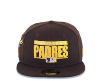 Load image into Gallery viewer, San Diego Padres New Era MLB 59FIFTY 5950 Fitted Cap Hat Brown Crown/Visor Yellow/White Text Logo Swinging Friar Side Patch Green UV