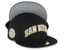 Load image into Gallery viewer, San Diego Padres New Era MLB 59FIFTY 5950 Fitted Cap Hat Black Crown/Visor White/Black/Metallic Gold Text/Script Logo 619 Back Logo