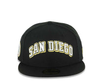 Load image into Gallery viewer, San Diego Padres New Era MLB 59FIFTY 5950 Fitted Cap Hat Black Crown/Visor White/Black/Metallic Gold Text/Script Logo 619 Back Logo