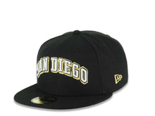 Load image into Gallery viewer, San Diego Padres New Era MLB 59FIFTY 5950 Fitted Cap Hat Black Crown/Visor White/Black/Metallic Gold Text/Script Logo 619 Back Logo