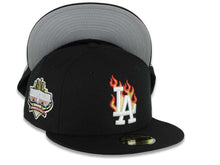Load image into Gallery viewer, Los Angeles Dodgers New Era MLB 59FIFTY 5950 Fitted Cap Hat Black Crown/Visor White With Flame Logo 40th Anniversary Side Patch