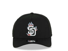 Load image into Gallery viewer, San Diego Padres New Era MLB 9FORTY 940 Adjustable A-Frame Cap Hat Black Crown/Visor White With Red Fire Flame Logo Gray UV