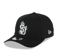 Load image into Gallery viewer, San Diego Padres New Era MLB 9FORTY 940 Adjustable A-Frame Cap Hat Black Crown/Visor White With Red Fire Flame Logo Gray UV