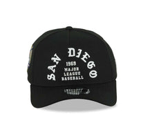 Load image into Gallery viewer, San Diego Padres New Era MLB 9FORTY 940 Adjustable A-Frame Cap Hat Black Crown/Visor White Text/Script Logo 40th Anniversary Side Patch