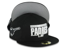 Load image into Gallery viewer, San Diego Padres New Era MLB 59FIFTY 5950 Fitted Cap Hat Black Crown/Visor White Text Logo Swinging Friar Side Patch Gray UV