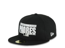 Load image into Gallery viewer, San Diego Padres New Era MLB 59FIFTY 5950 Fitted Cap Hat Black Crown/Visor White Text Logo Swinging Friar Side Patch Gray UV