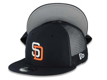 Load image into Gallery viewer, San Diego Padres New Era MLB 9FIFTY 950 Snapback Trucker/Mesh Cap Hat Black Crown/Visor White/Orange Logo Gray UV