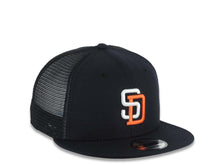 Load image into Gallery viewer, San Diego Padres New Era MLB 9FIFTY 950 Snapback Trucker/Mesh Cap Hat Black Crown/Visor White/Orange Logo Gray UV