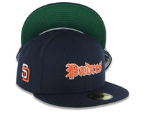 Load image into Gallery viewer, San Diego Padres New Era MLB 59FIFTY 5950 Fitted Cap Hat Navy Blue Crown/Visor Orange/White Script/Text Logo SD Side Logo Green UV