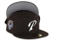 Load image into Gallery viewer, San Diego Padres New Era MLB 59FIFTY 5950 Fitted Cap Hat Dark Brown Crown/Visor White P Script Logo 40th Anniversary Side Patch Gray UV