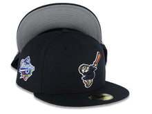 Load image into Gallery viewer, San Diego Padres New Era MLB 59FIFTY 5950 Fitted Cap Hat Navy Blue Crown/Visor Navy Blue/Orange Swinging Friar Logo 1998 World Series Side Patch Gray UV