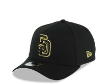 Load image into Gallery viewer, San Diego Padres New Era MLB 9FORTY 940 Adjustable A-Frame Hat Black Crown/Visor Black/Metallic Gold Logo Metallic Gold Eagle Side Patch Gray UV