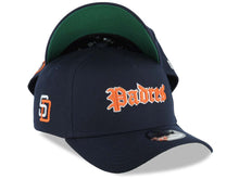 Load image into Gallery viewer, San Diego Padres New Era MLB 9FORTY 940 Adjustable A-Frame Hat Navy Blue Crown/Visor Orange/White Script/Text Logo SD Side Patch Green UV