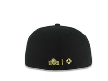 Load image into Gallery viewer, Charros de Jalisco New Era LMP 59FIFTY 5950 Fitted Cap Hat Black Crown/Visor Black/Metallic Gold Logo Mexico Flag Side Patch Gray UV