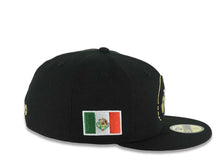 Load image into Gallery viewer, Charros de Jalisco New Era LMP 59FIFTY 5950 Fitted Cap Hat Black Crown/Visor Black/Metallic Gold Logo Mexico Flag Side Patch Gray UV
