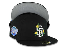 Load image into Gallery viewer, San Diego Padres New Era MLB 59FIFTY 5950 Fitted Cap Hat Black Crown/Visor White/Yellow Logo With Flower 1998 World Series Side Patch Gray UV