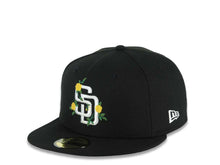 Load image into Gallery viewer, San Diego Padres New Era MLB 59FIFTY 5950 Fitted Cap Hat Black Crown/Visor White/Yellow Logo With Flower 1998 World Series Side Patch Gray UV